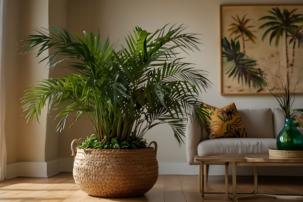 vastu shastra for an Areca palm tree planted in a woven rattan basket in a living room