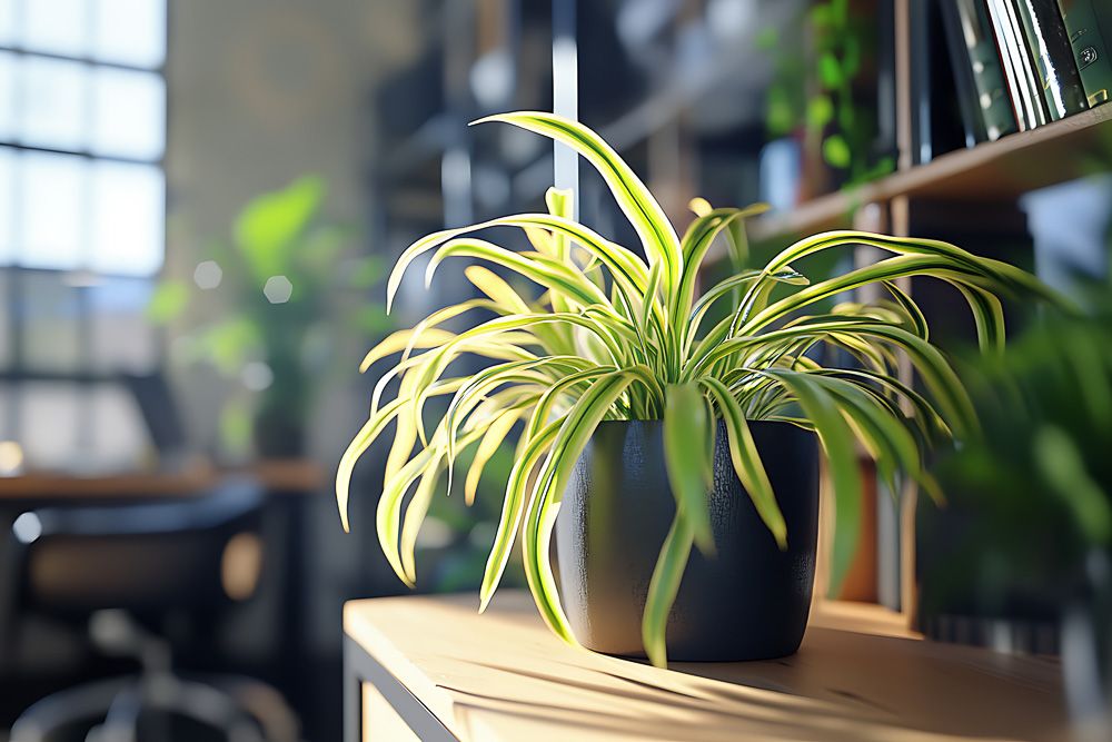 vastu on spider plants at home kept on a desk inside a home office or study