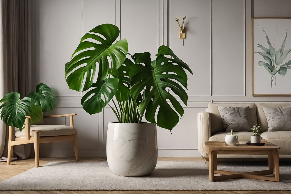 vastu shastra for monstera plants in a huge marble planter pot in a living room
