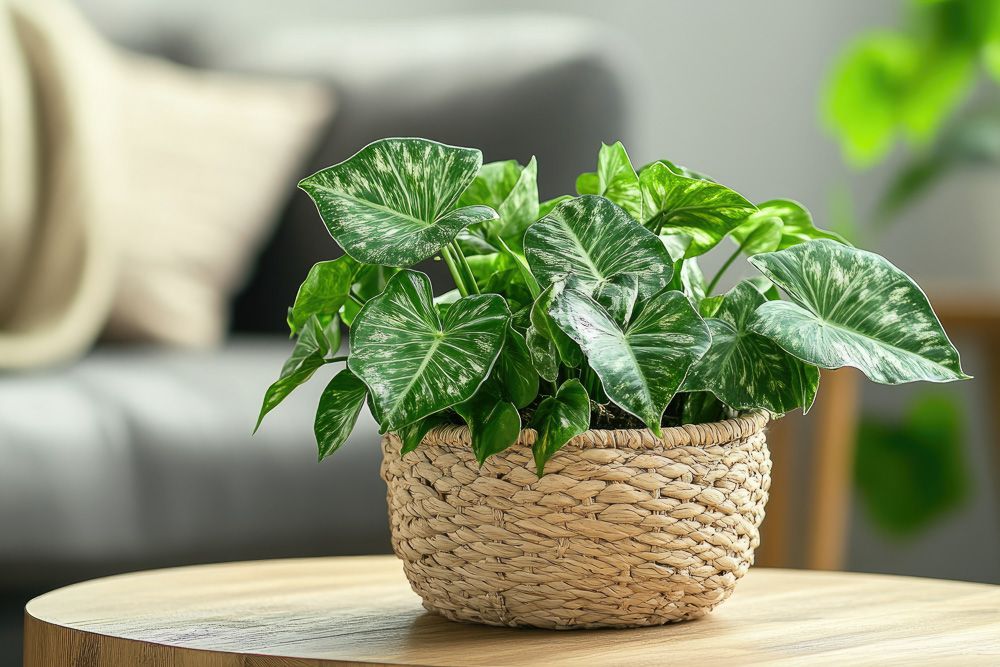 vastu for arrowhead plants at home Indoor tropical Syngonium Podophyllum houseplant in a basket pot placed on a wooden coffee table