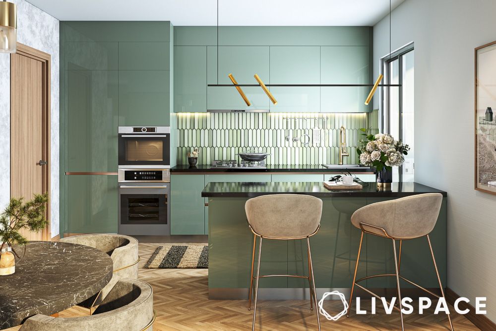 sage green glass tiles backsplash