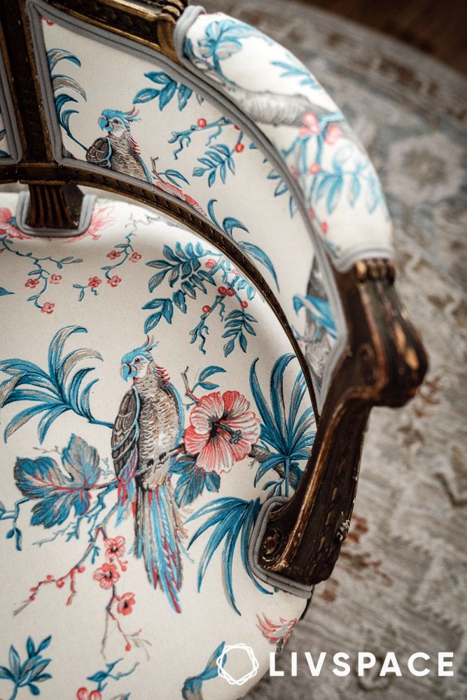 tropical flora and fauna print on a chair