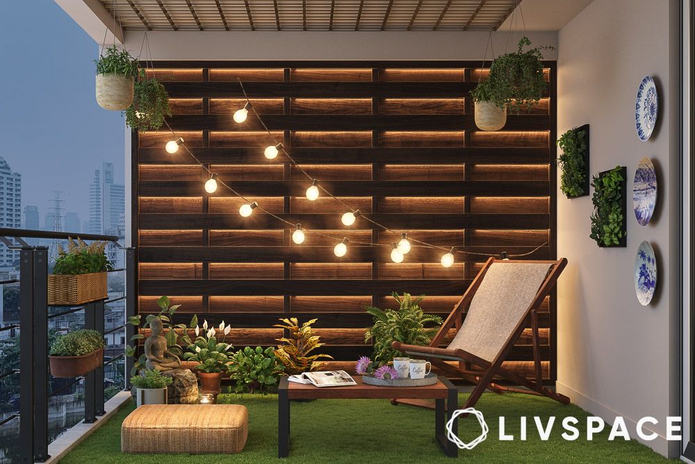 new year decor balcony with lights and seating