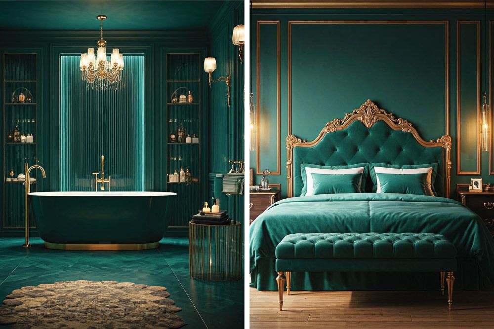 peacock green contrast colour with gold accents in a bathroom and a bedroom