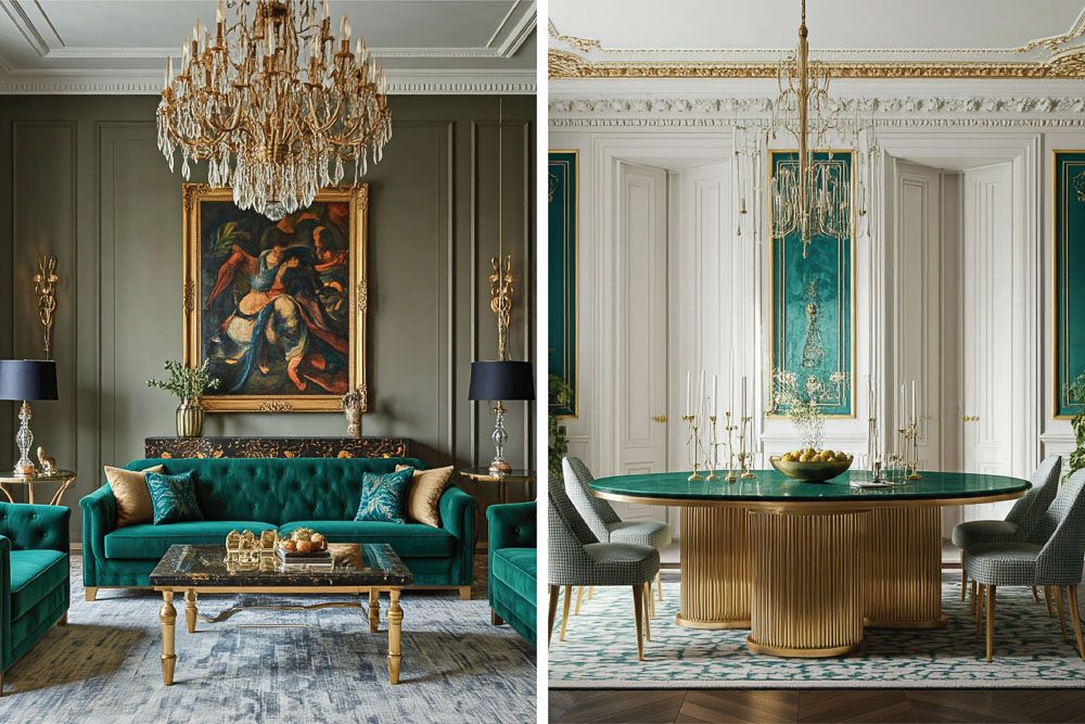 peacock green colour combination for the wall with gold accents in living and dining room