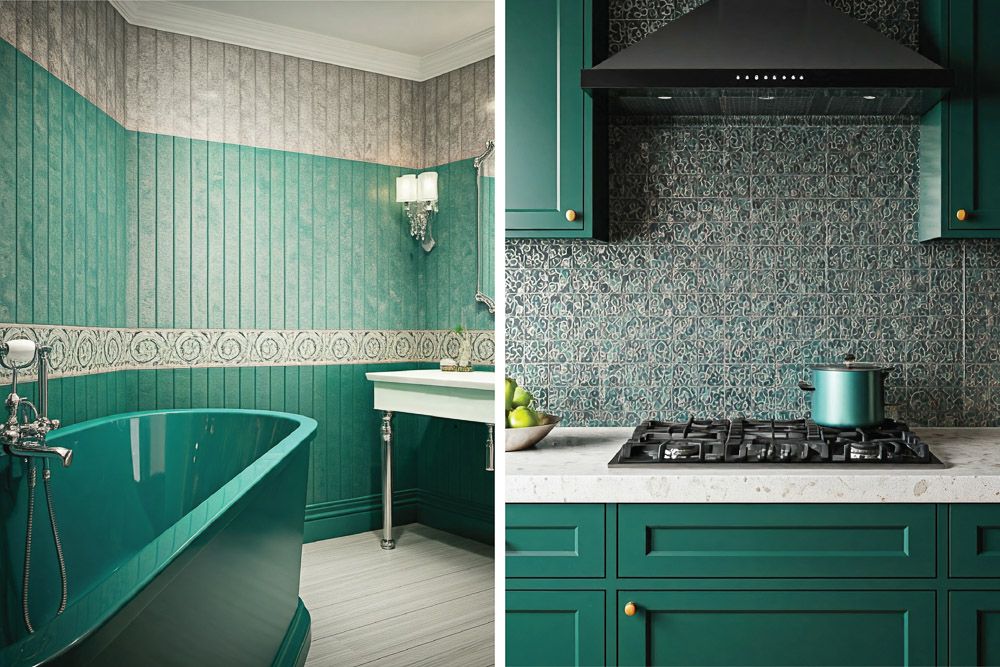 peacock green combination with silver colour on kitchen backsplash and bathroom