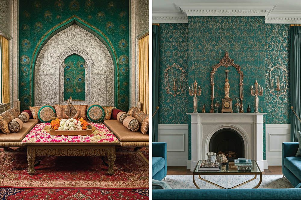 Silver colour combination for peacock green in a traditional and modern Indian living rooms