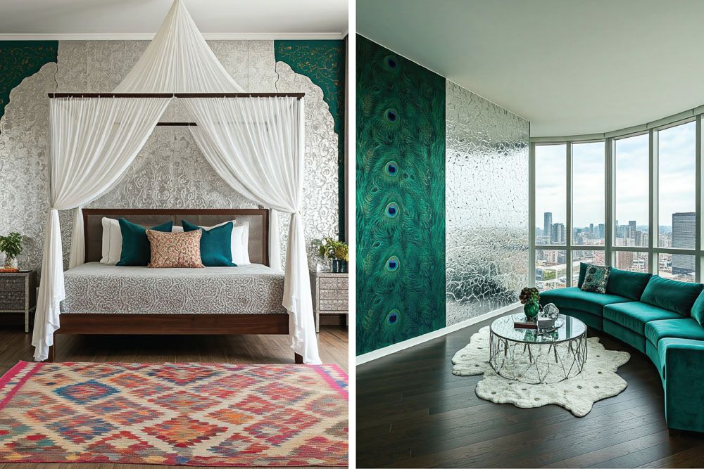 White colour combination with peacock green in traditional and modern living rooms