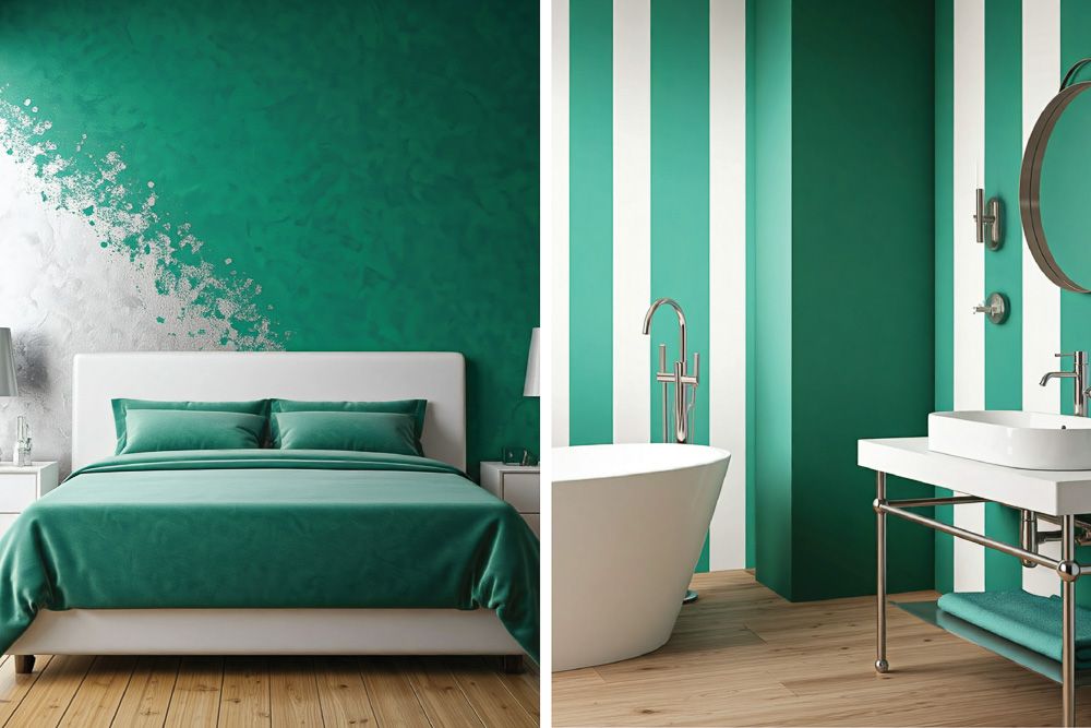 White colour combination with peacock green in a modern bedroom and bathroom
