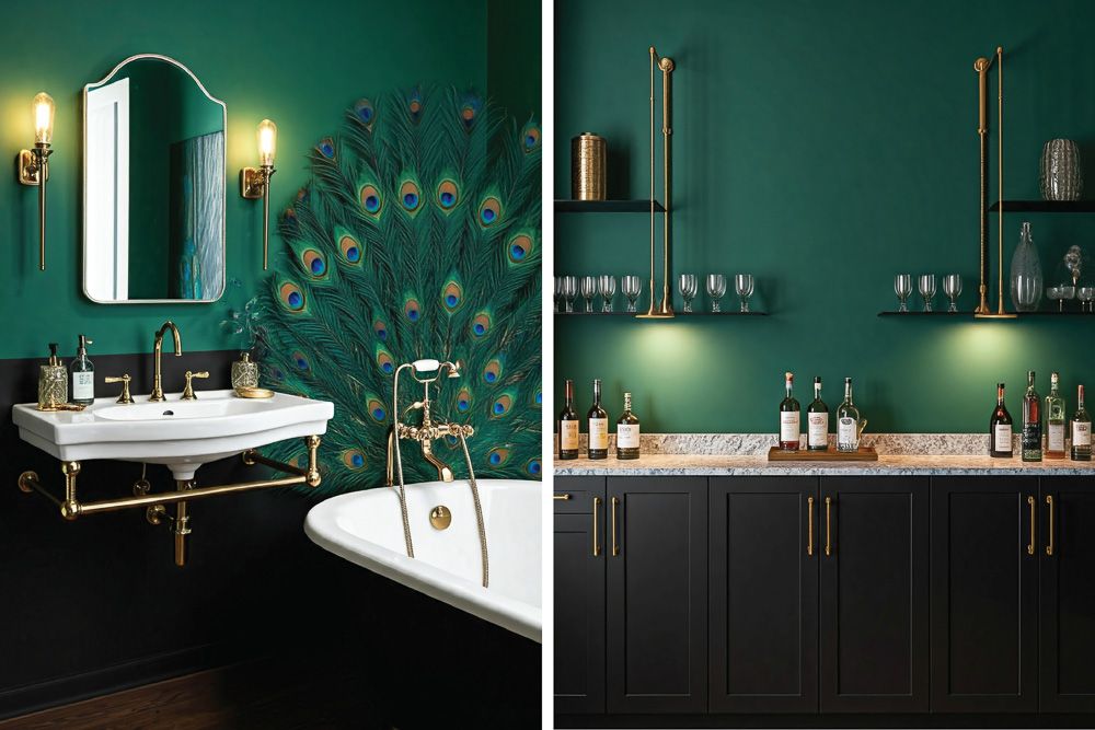 Black colour combination with peacock green in a bathroom and home bar area
