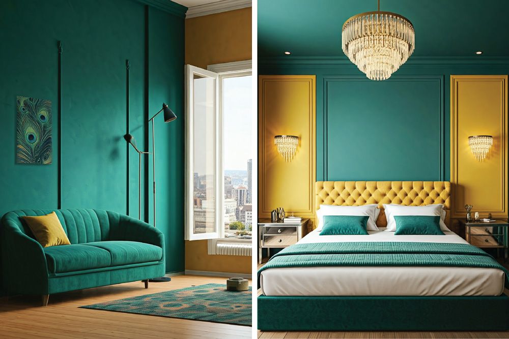 Mustard yellow combination for peacock green in a living room and a bedroom