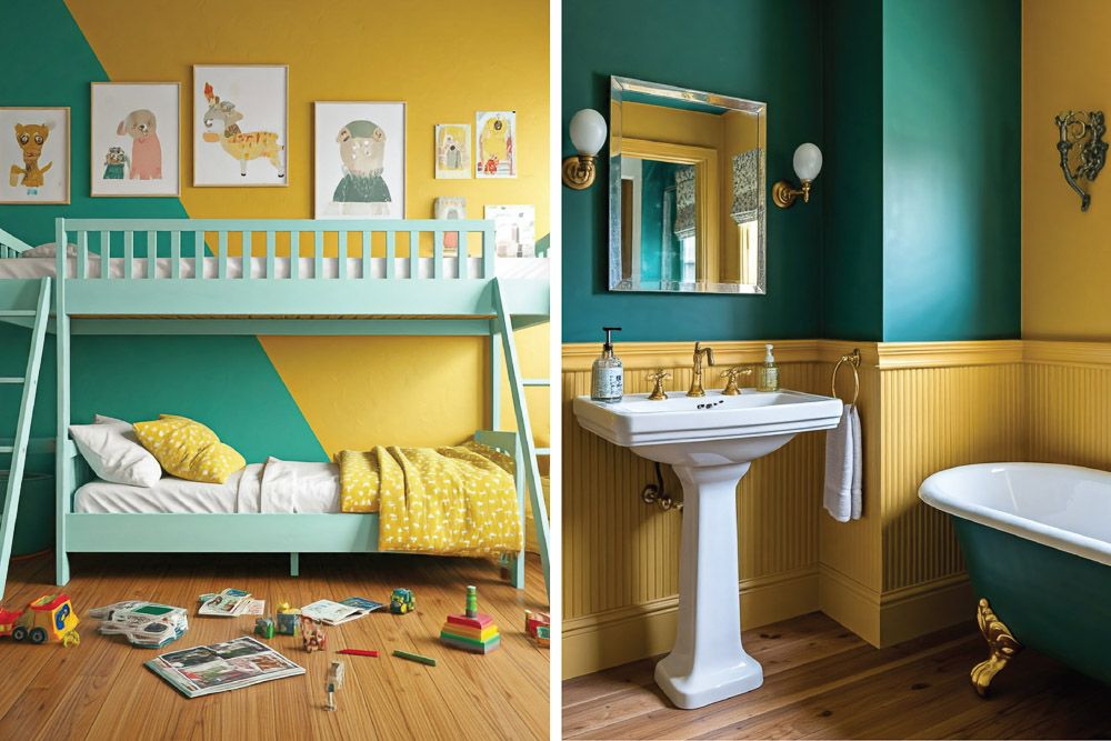 peacock green colour combination with mustard yellow in a kids room and a bathroom
