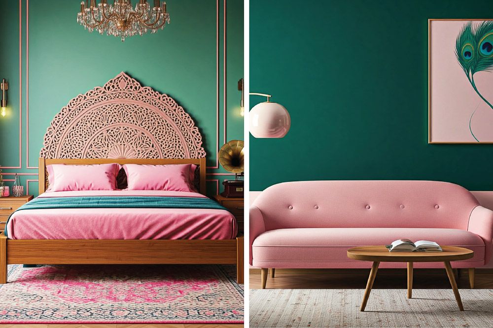 peacock green colour combination with pink in a living room and a bedroom