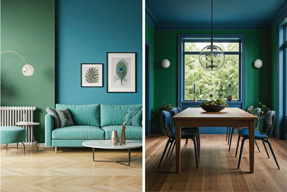 peacock green contrast colour with blue in a living and dining room