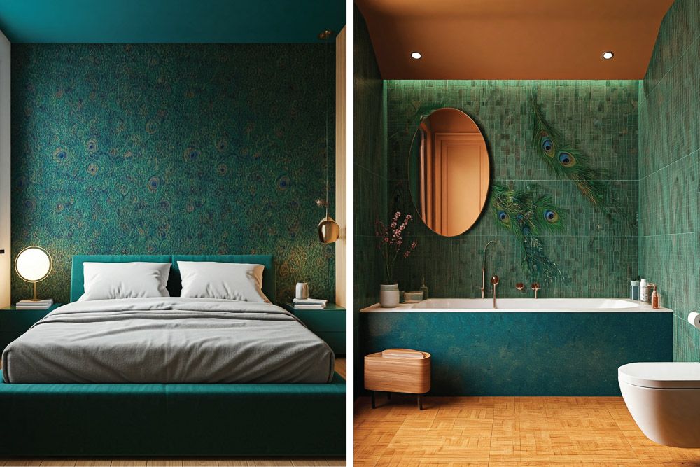 Blue and peacock green colour combination for the wall and ceiling in a bedroom and a bathroom