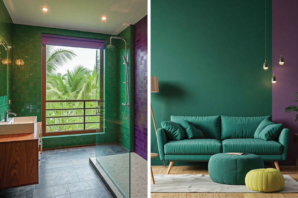 peacock green combination with purple in a living room and a bedroom