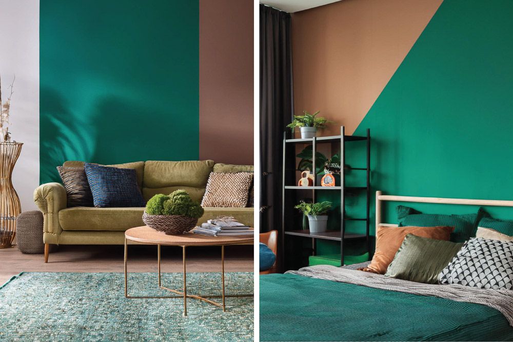 Brown colour combination with peacock green in a bedroom and a living room