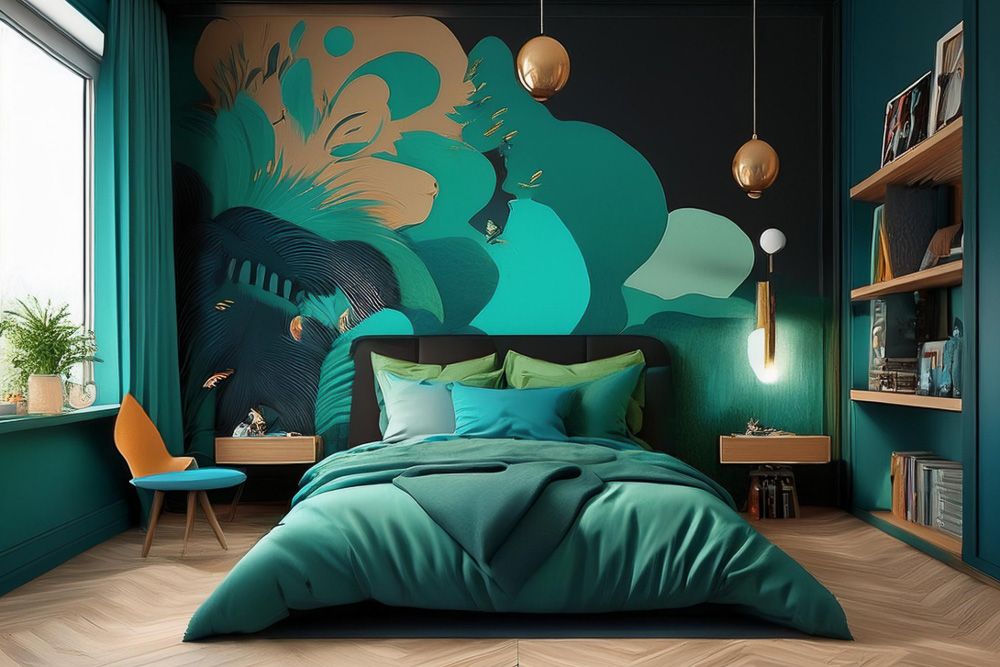 peacock green colour combination with teal or turquoise in a bedroom