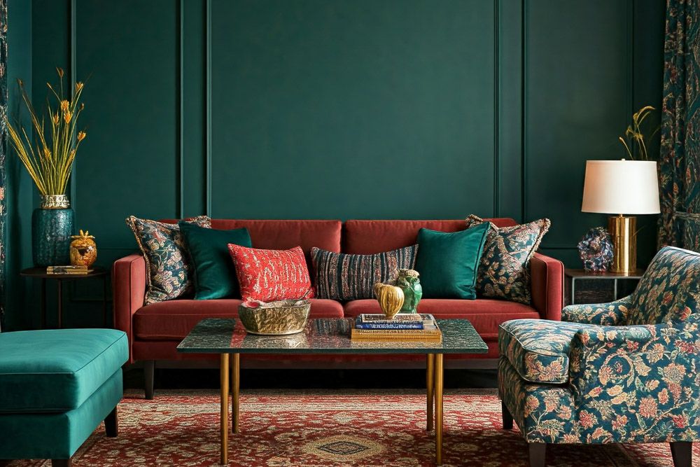 peacock green combination in a living room