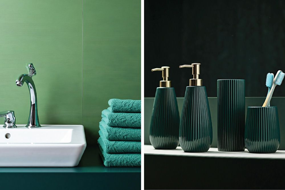 colour combination with peacock green in a bathroom with accessories