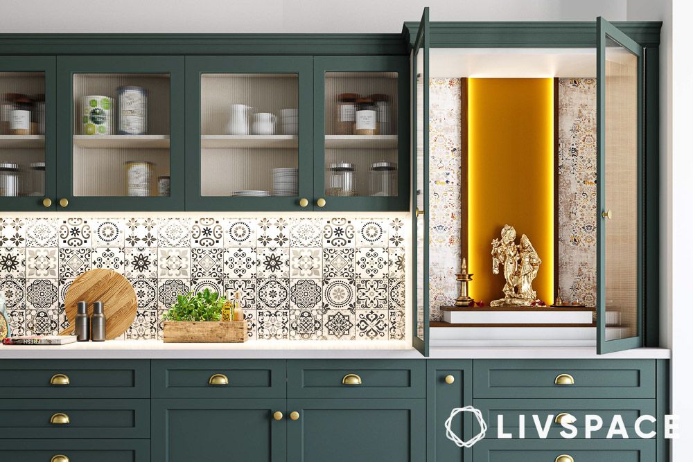 Wooden puja ghar design in a kitchen