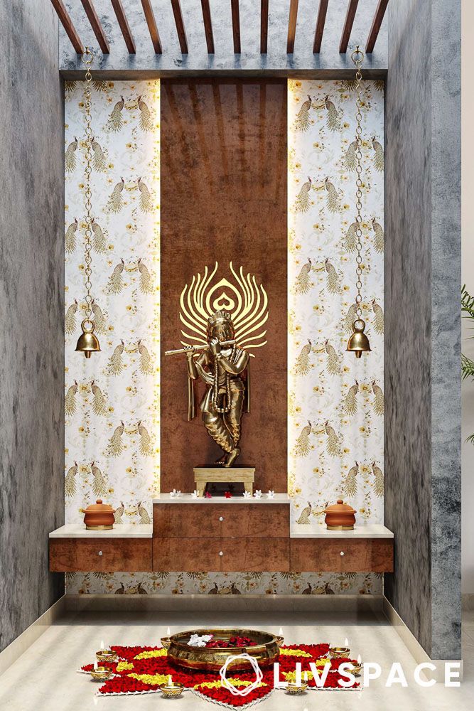 Wooden puja ghar design with patterned wallpaper