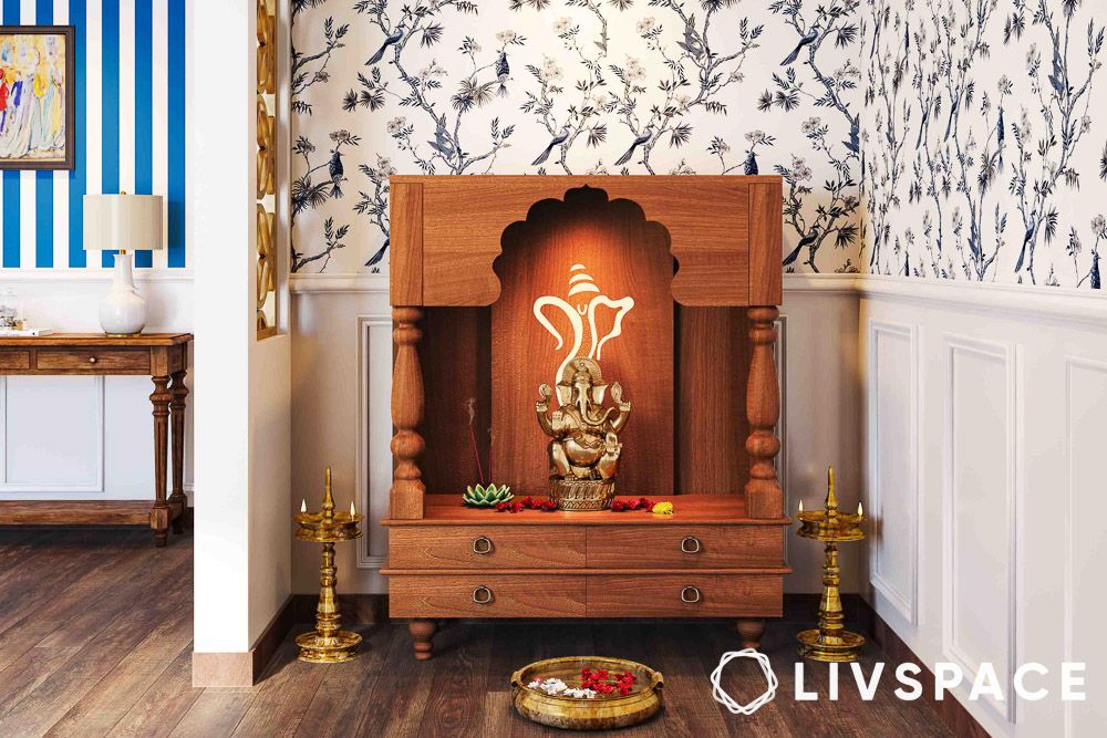 19 Floor mounted wooden pooja unit design with backlighting