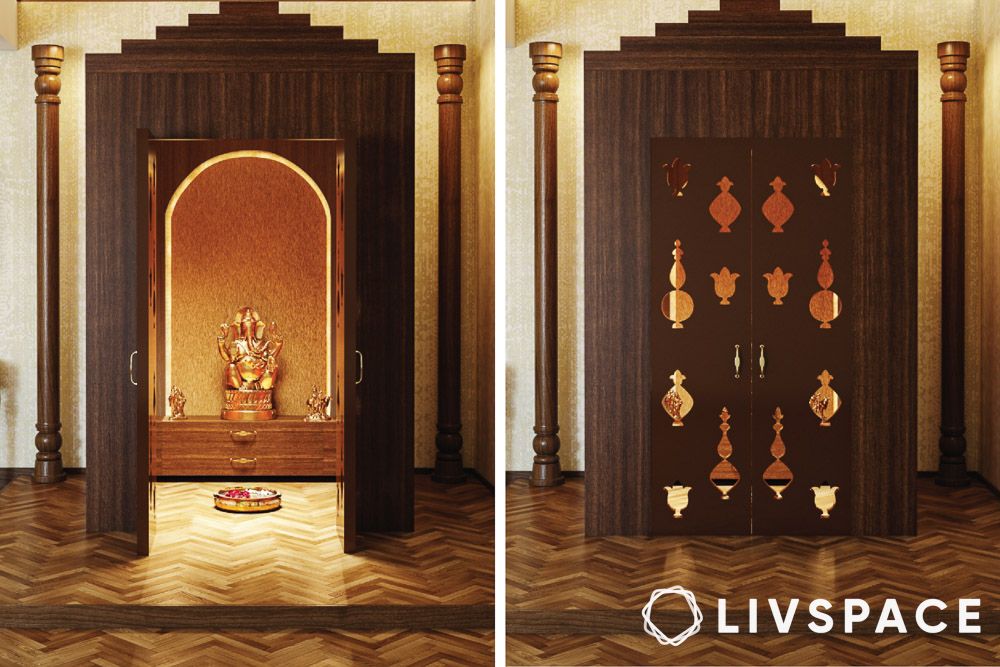 Traditional pooja unit design with wooden crescent acacia unit