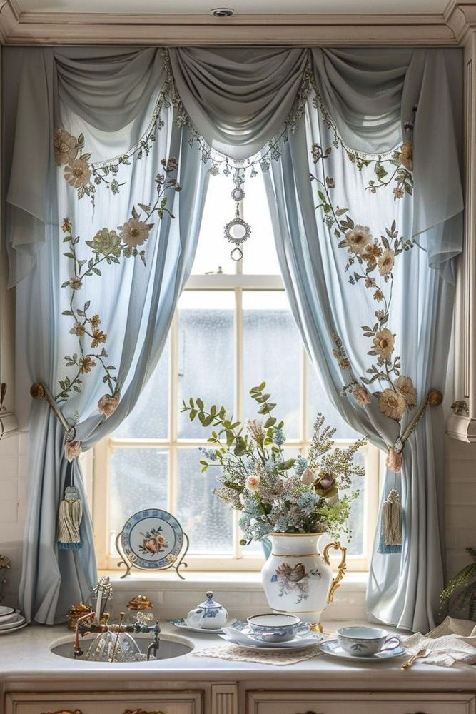 window treatments with blue sheers curtains and frills