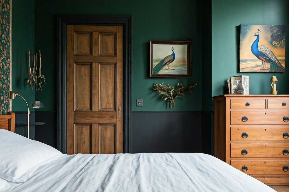 Black colour combination for peacock green theme for a bedroom