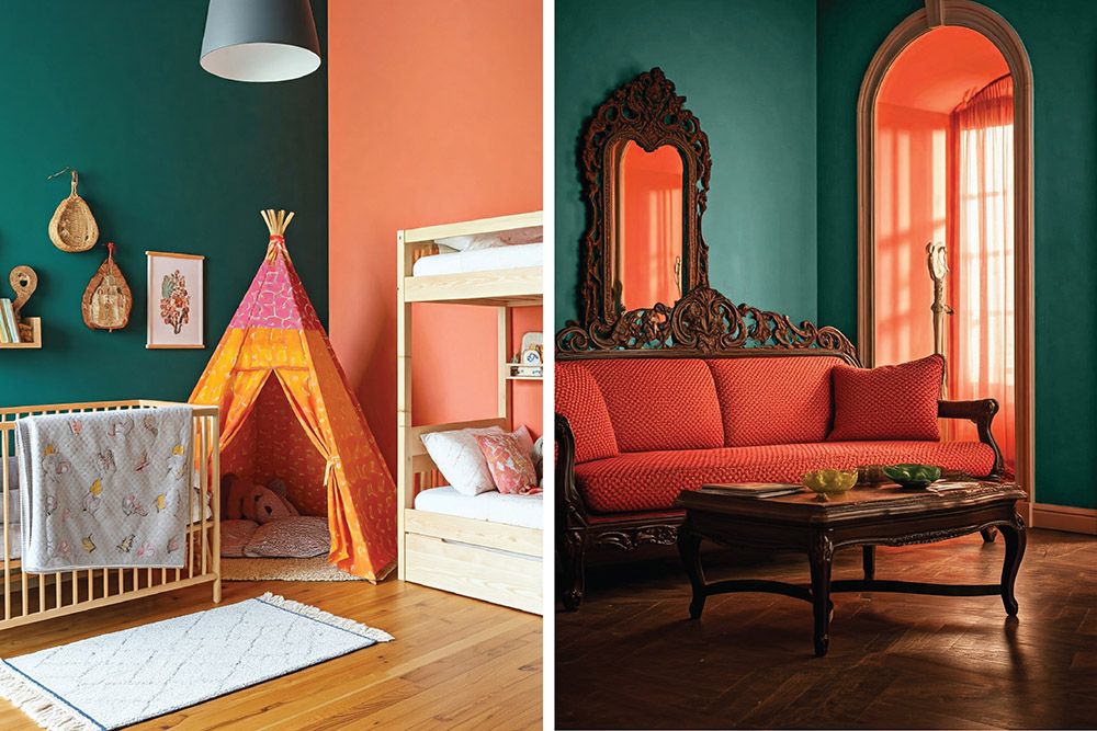 Coral or orange colour combination with peacock green