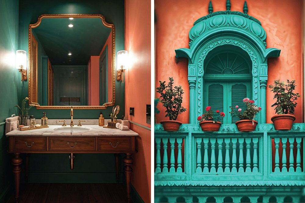 Coral and orange colour combination with peacock green