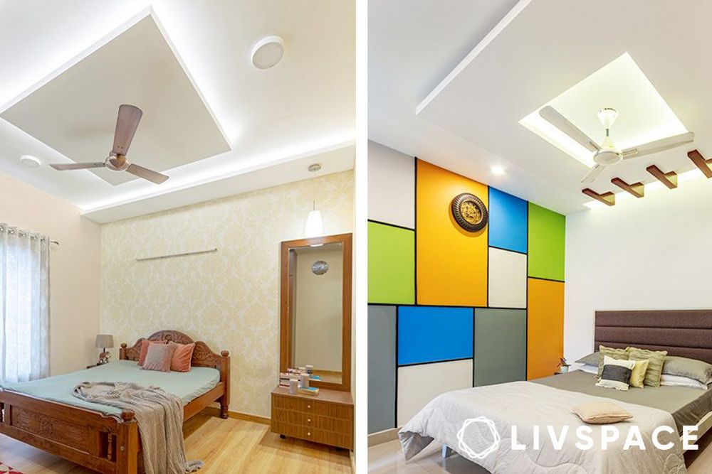 Sqaure pop design for bedroom with wooden raftes