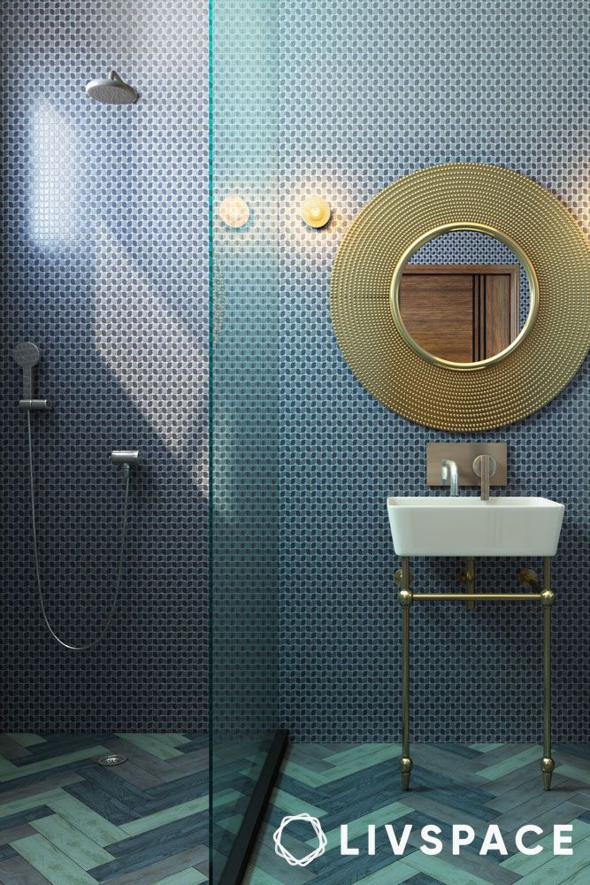 blue monochromatic wall colour and tiles in bathroom