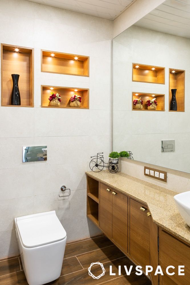 recessed shelves in bathroom