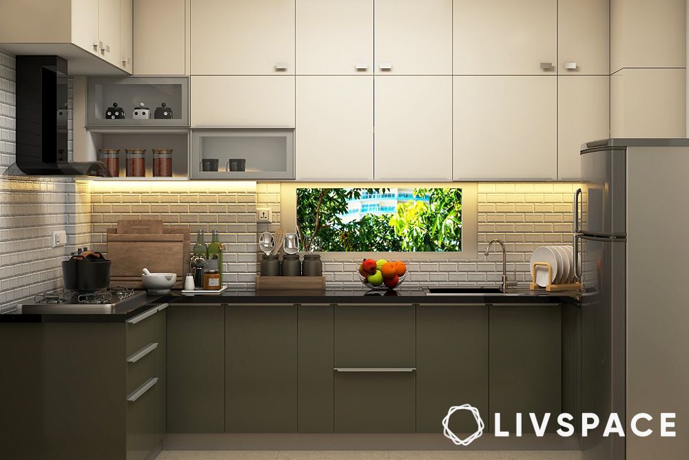 trending modular kitchen colour combination dark olive green and Irish cream