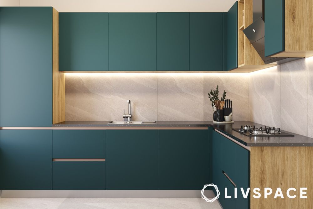 kitchen cupboard colour combination peacock green and wood
