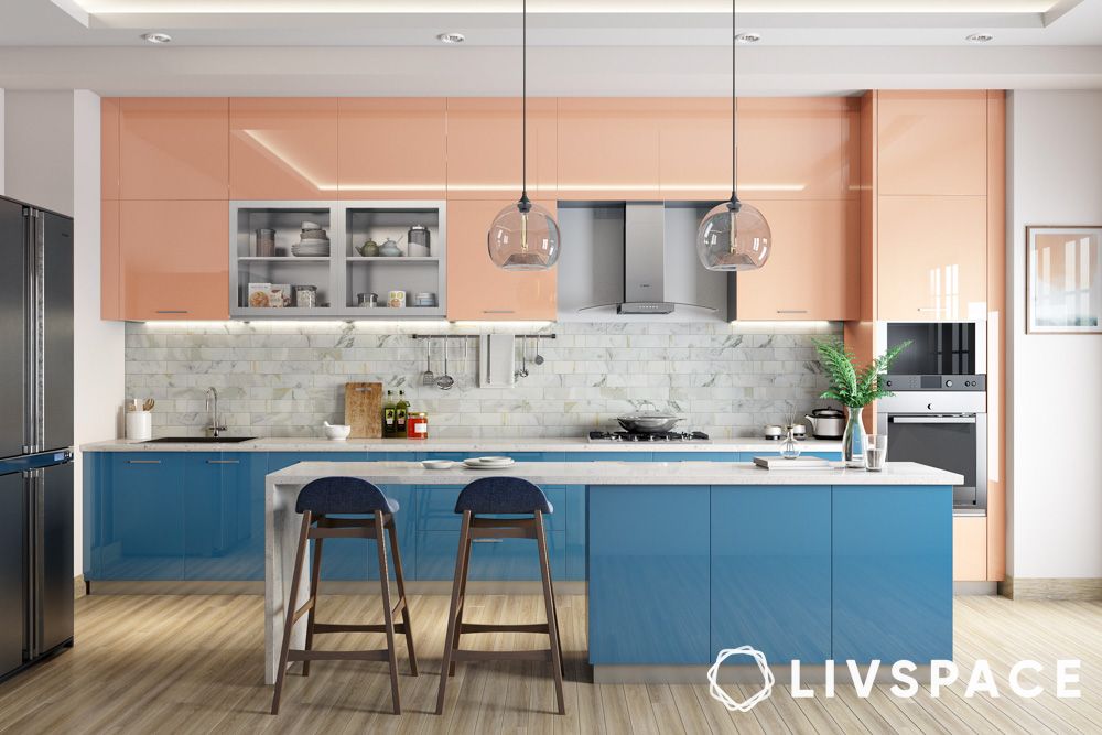 modular kitchen colour combination peach and blue