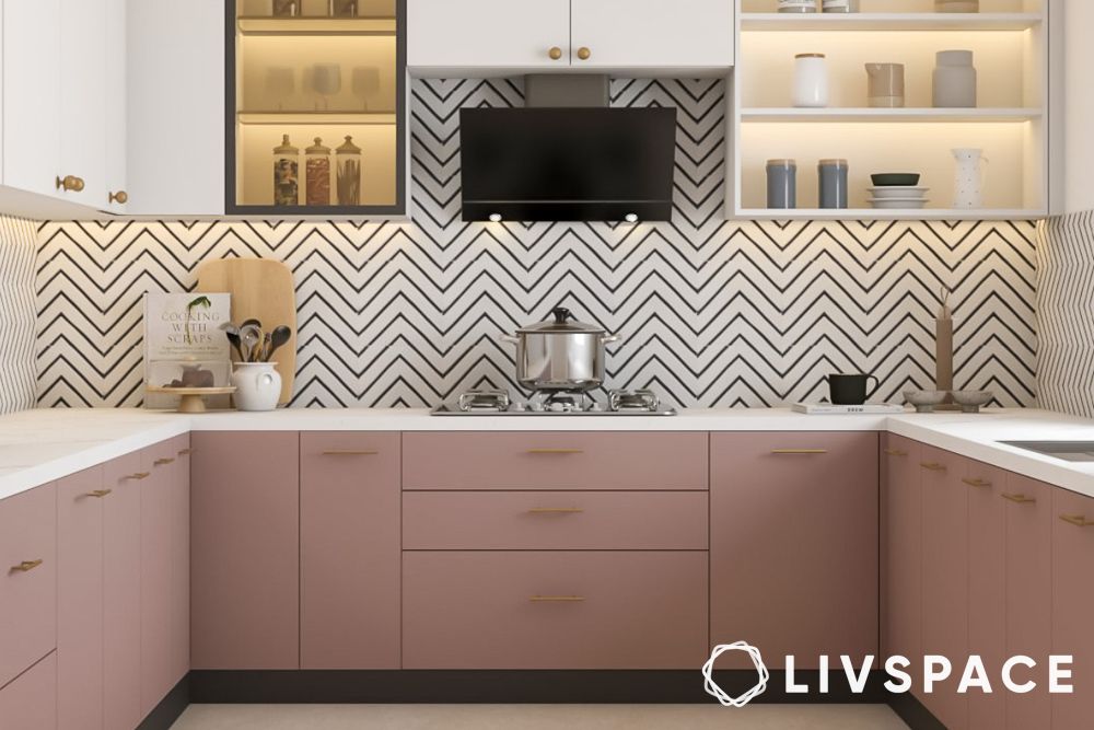 Kitchen tiles design for backsplash with herringbone patterned tiles