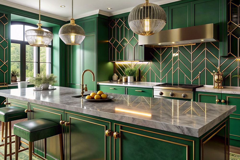 Kitchen wall paint design with green and gold