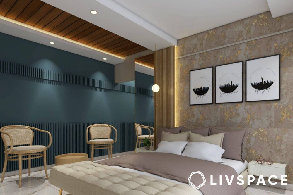 Multi layered bedroom POP ceiling design with gypsum and wood