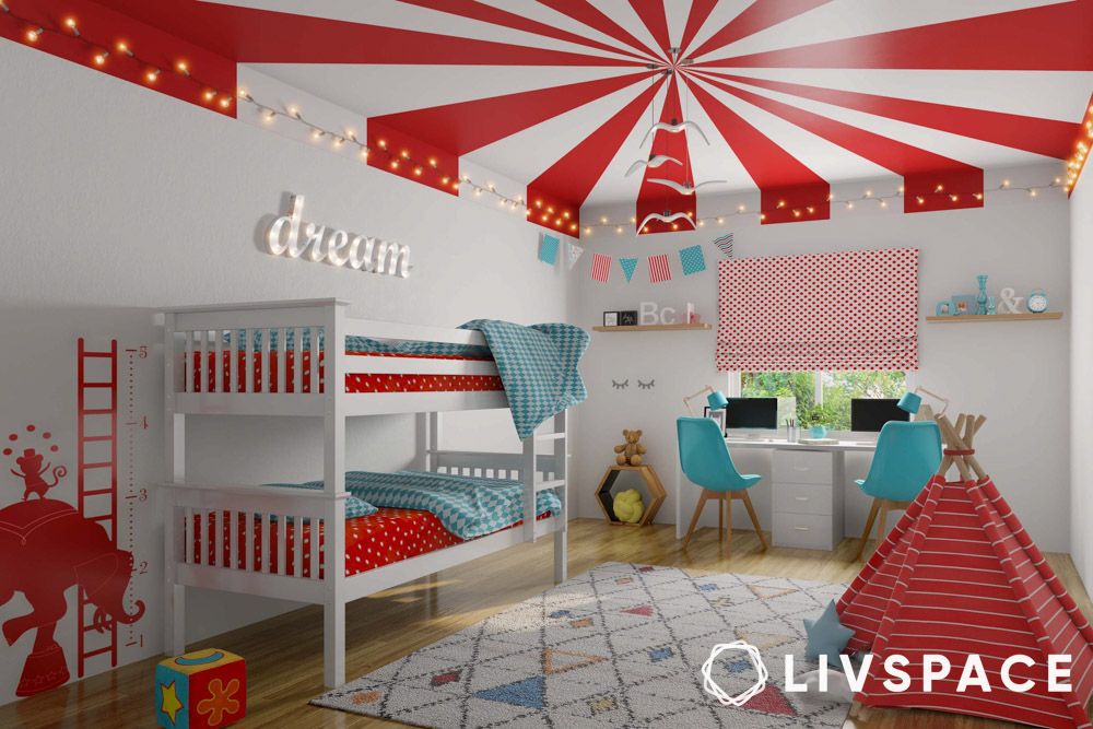 Contemporary red and white circus themed POP ceiling design for kids room