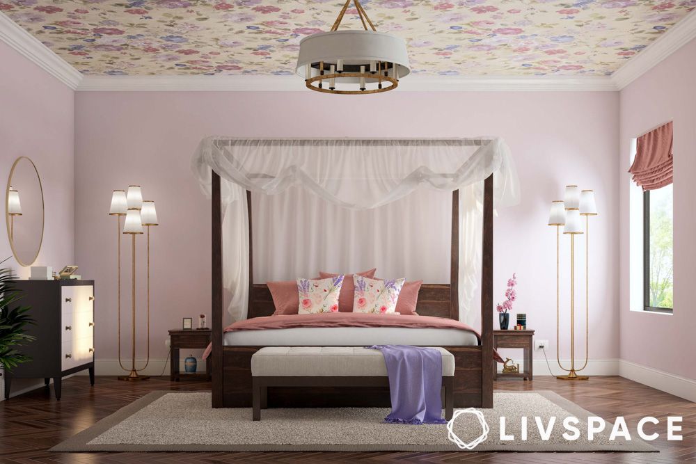 Modern false ceiling for bedroom with floral wallpaper