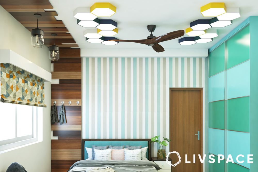 Modern POP and wooden false ceiling for bedroom in a honeycomb pattern with recessed lights