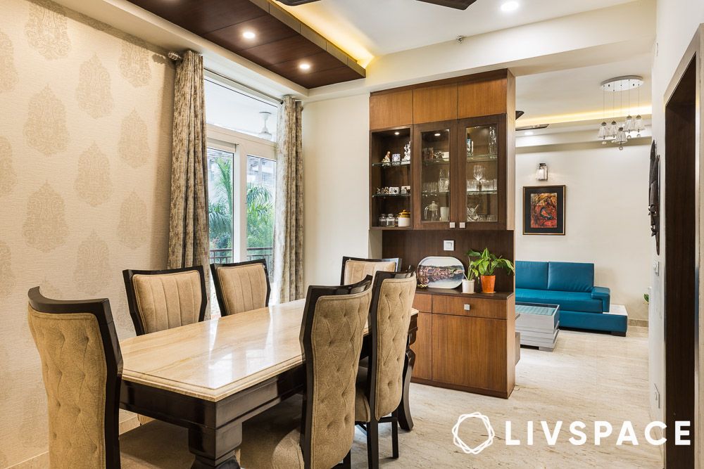 dining room design with wallpaper and wooden elements