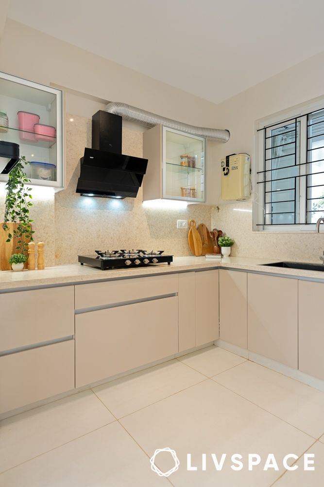 Beige kitchen design in a 3bhk flat in bangalore pvr lakeview mahadevapura