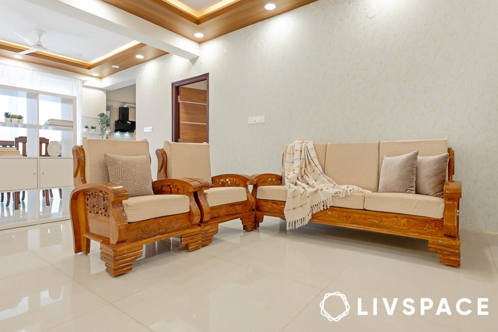 Open living room design in beige and wood tones