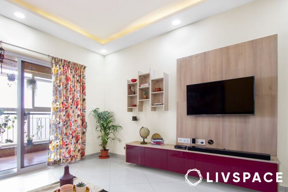 marsala and wood combination for tv unit