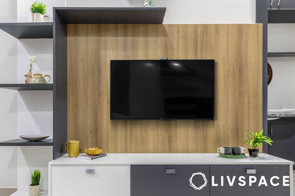 wooden and grey minimal tv unit
