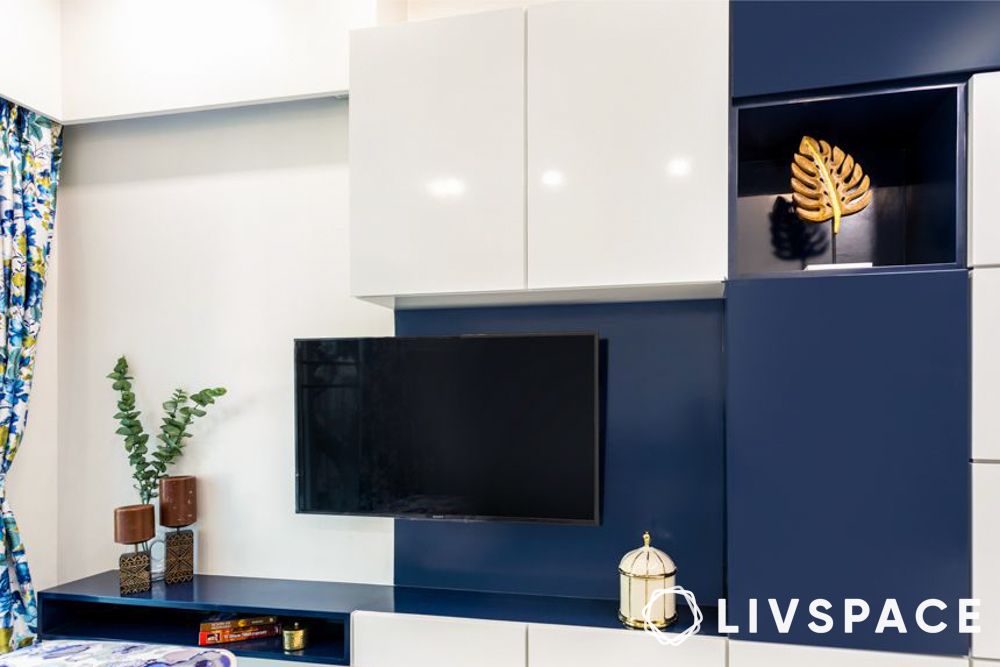 blue and white entertainment unit